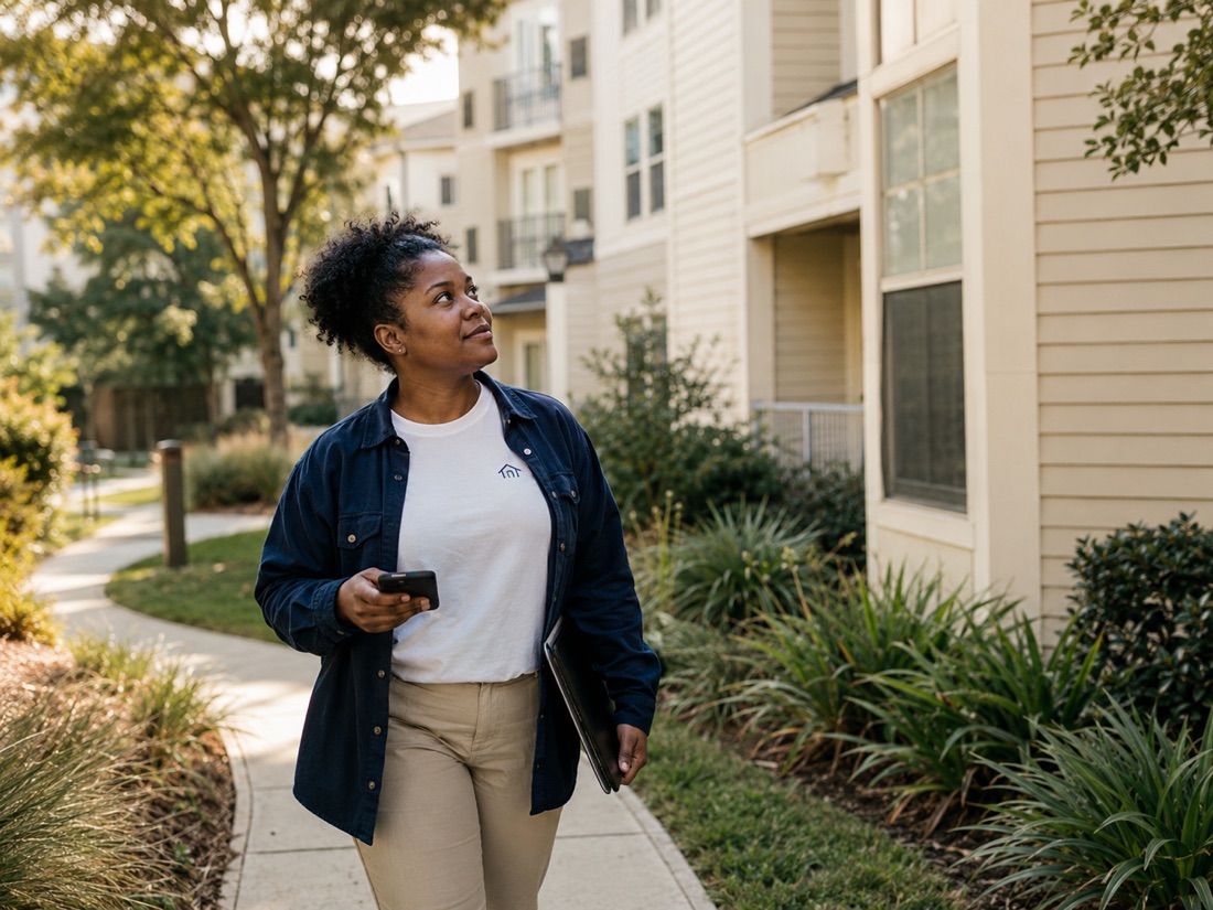 A property manager walking a community courtyard, phone in hand