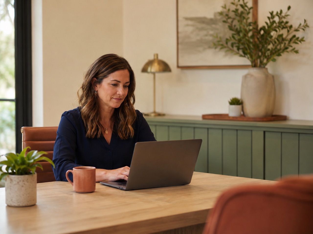 A property manager reviewing her portfolio on a laptop