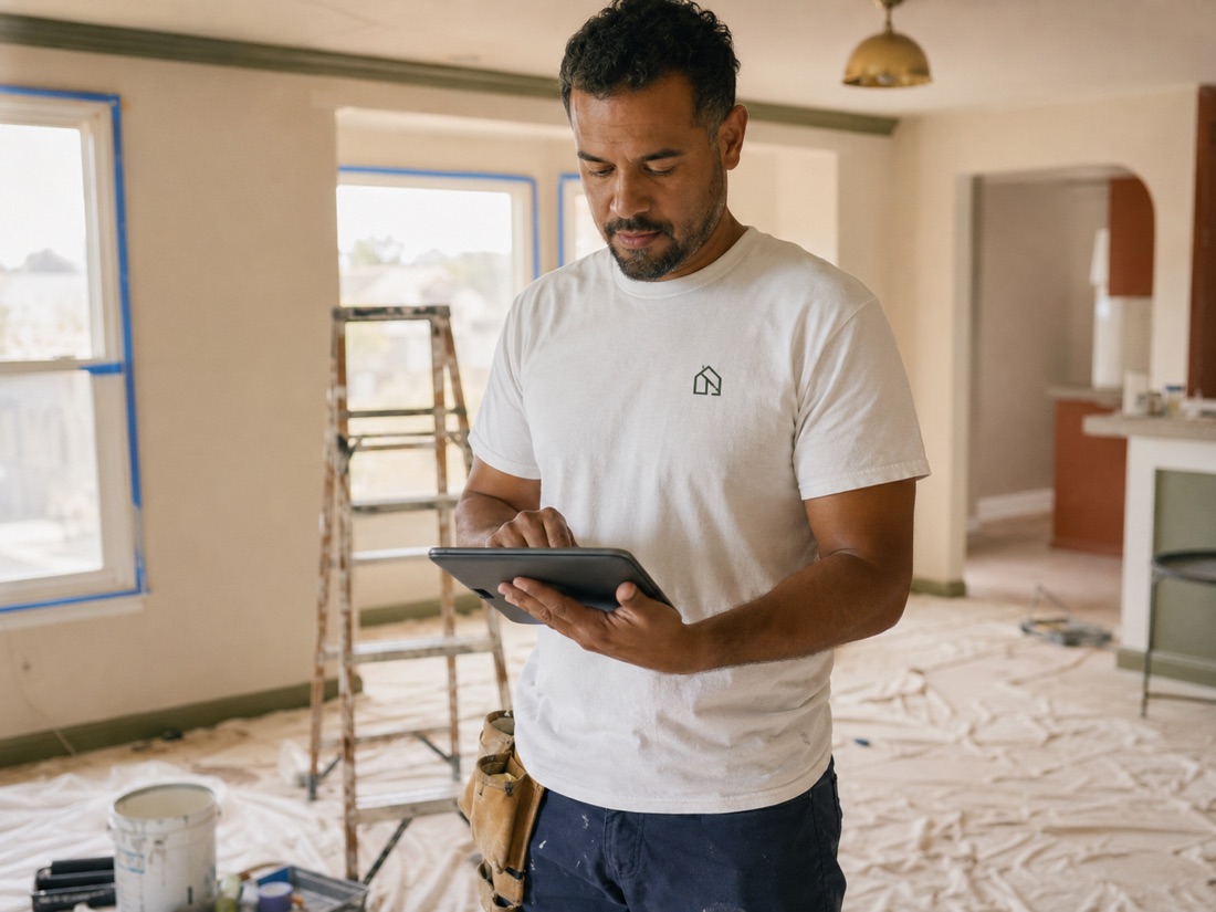 A maintenance lead checking a tablet in a vacant unit being painted