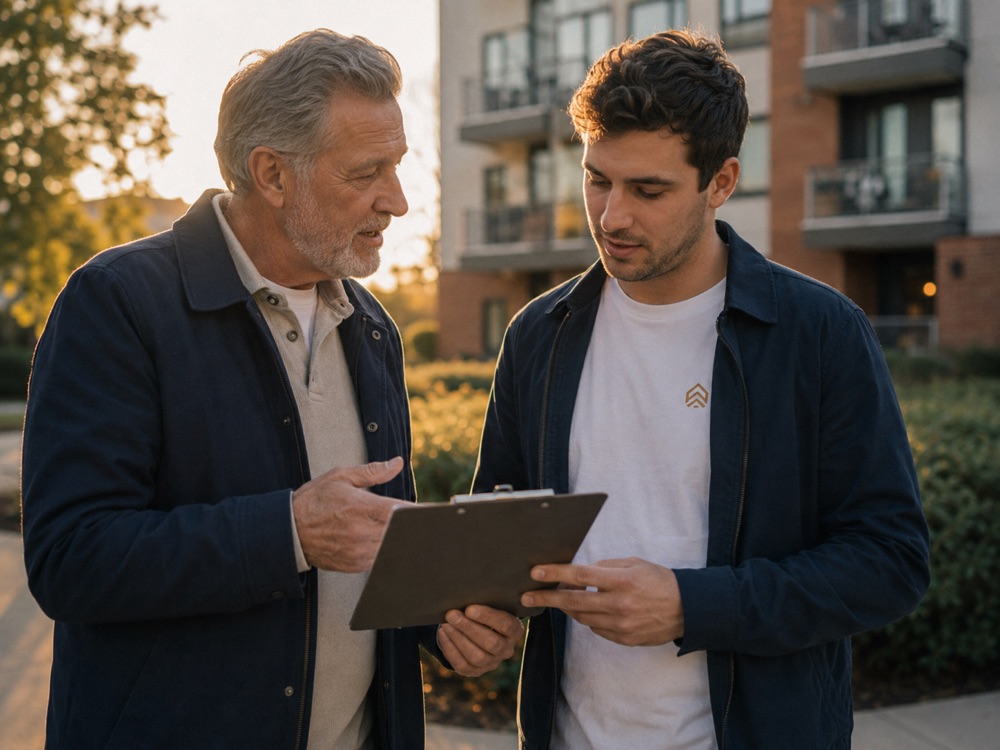 Two property operators reviewing paperwork outside a building